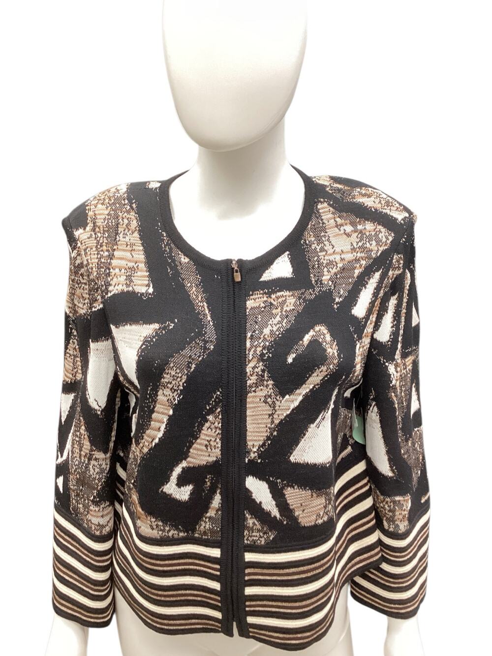 St. John Women’s Zip Up Cardigan SZ 12 Fine Knit Shoulder Pads Brown Beige Black